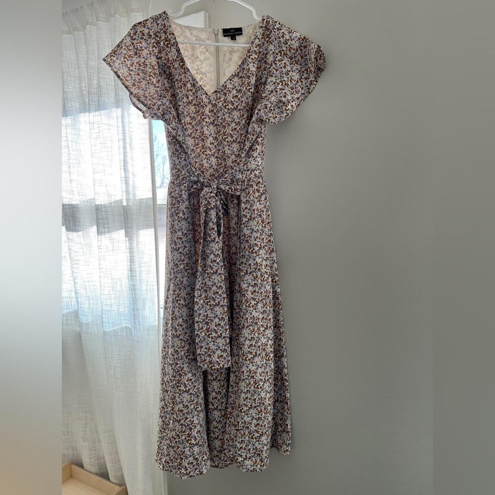 Nursing Queen Belted Floral Midi Dress with Pockets tie waist Beige Lavender S